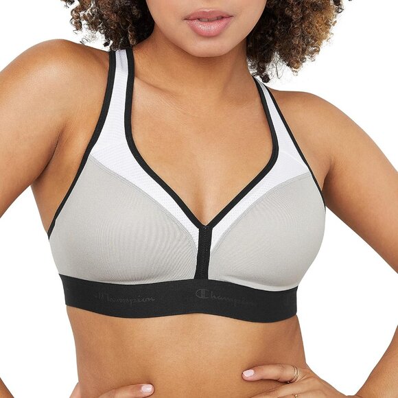 Champion Oxford Grey Heather White Black Curvy Moderate Low Cut Sports Bra - Picture 1 of 5